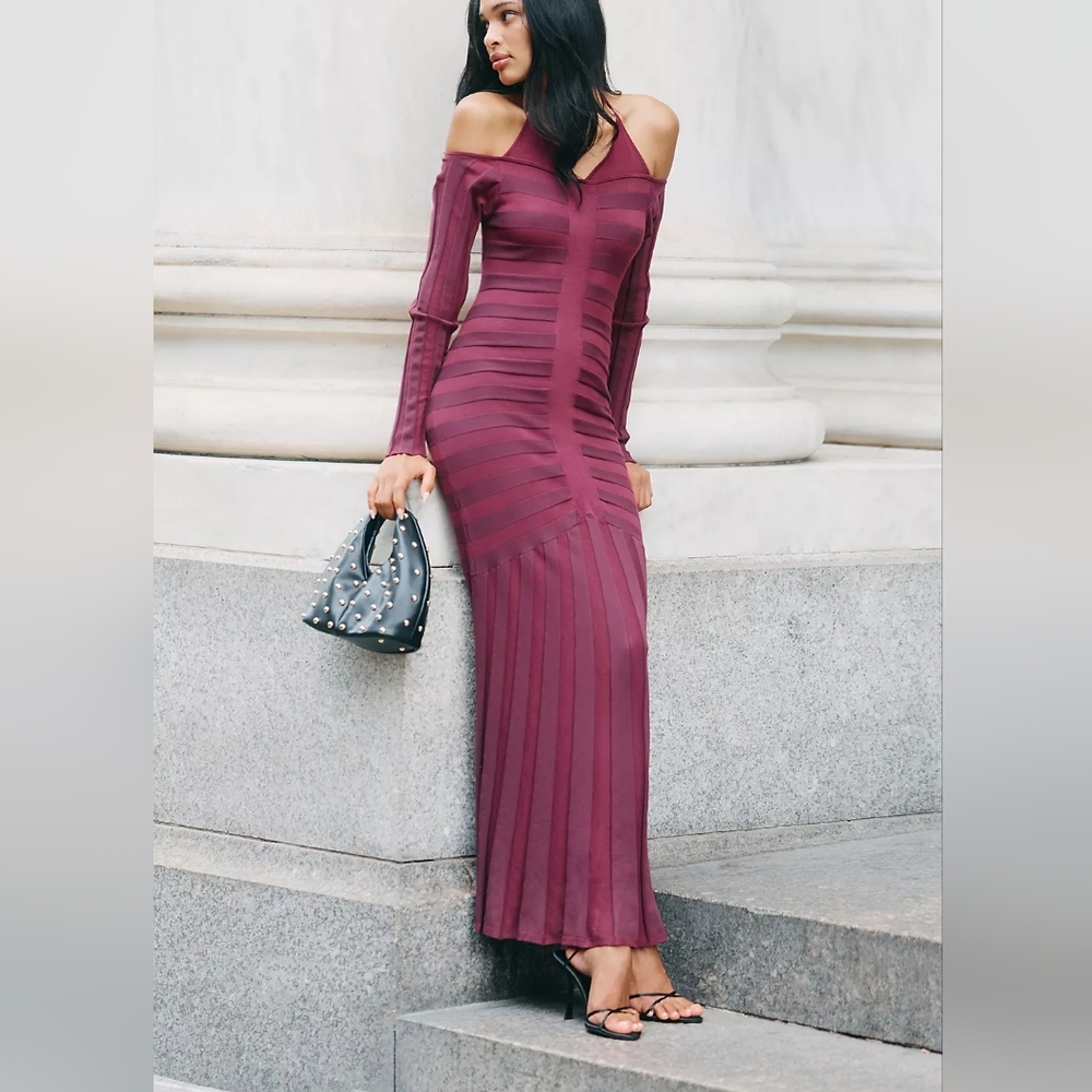 Anthropologie Wine Mauve Off-Shoulder Ruched Maxi Dress